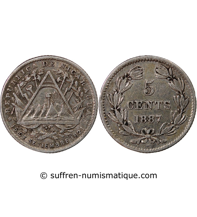 NICARAGUA - 5 CENTAVOS ARGENT 1887 H HEATON