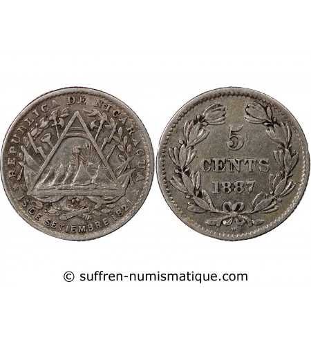 NICARAGUA - 5 CENTAVOS ARGENT 1887 H HEATON