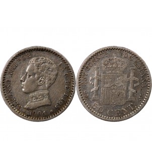 ESPAGNE, ALPHONSE XIII - 50 CENTIMOS ARGENT 1904 SMV 2