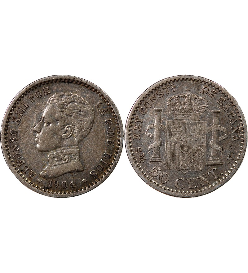 ESPAGNE, ALPHONSE XIII - 50 CENTIMOS ARGENT 1904 SMV