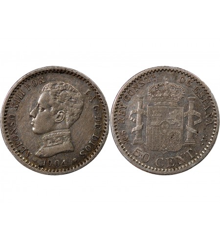 ESPAGNE, ALPHONSE XIII - 50 CENTIMOS ARGENT 1904 SMV