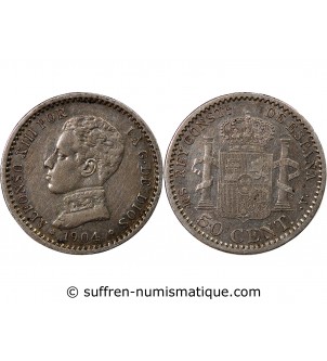 ESPAGNE, ALPHONSE XIII - 50 CENTIMOS ARGENT 1904 SMV