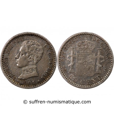 ESPAGNE, ALPHONSE XIII - 50 CENTIMOS ARGENT 1904 SMV