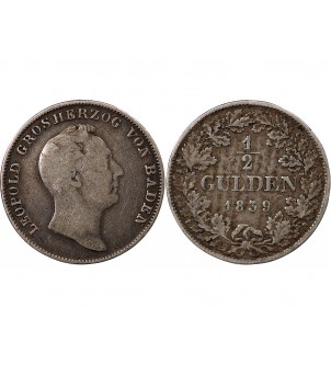 ALLEMAGNE, BADE, LEOPOLD Ier - 1/2 GULDEN ARGENT 1839 2