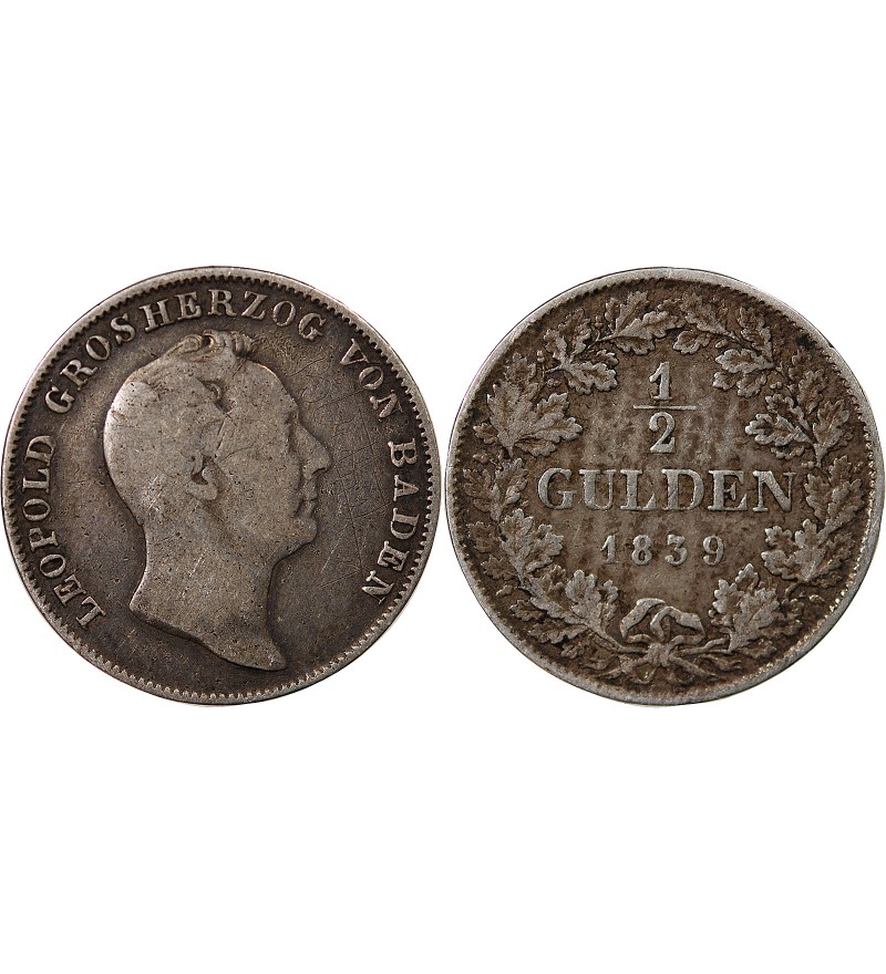 ALLEMAGNE, BADE, LEOPOLD Ier - 1/2 GULDEN ARGENT 1839