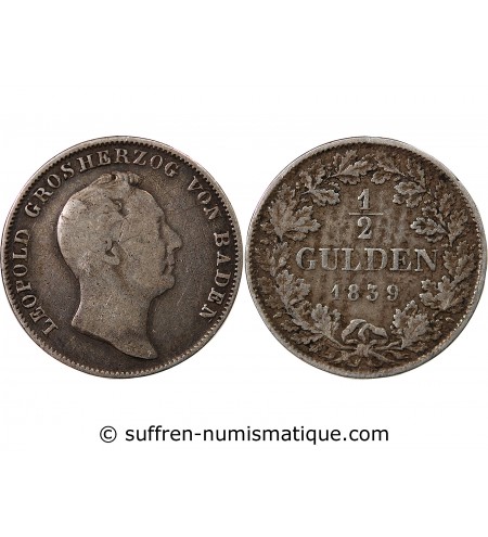 ALLEMAGNE, BADE, LEOPOLD Ier - 1/2 GULDEN ARGENT 1839