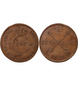SUÈDE, CARL XIV JOHAN - 1/2 SKILLING 1821 2