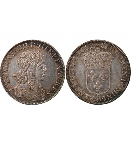 LOUIS XIII - 1/2 ECU ARGENT 1642 A PARIS .rose. - 1er Poinçon de Warin