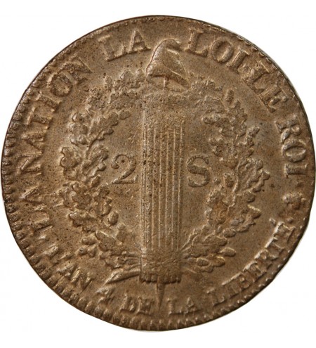 LOUIS XVI, CONSTITUTION - 2 SOLS AU FAISCEAU 1792 A PARIS