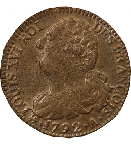 LOUIS XVI, CONSTITUTION - 2 SOLS AU FAISCEAU 1792 A PARIS