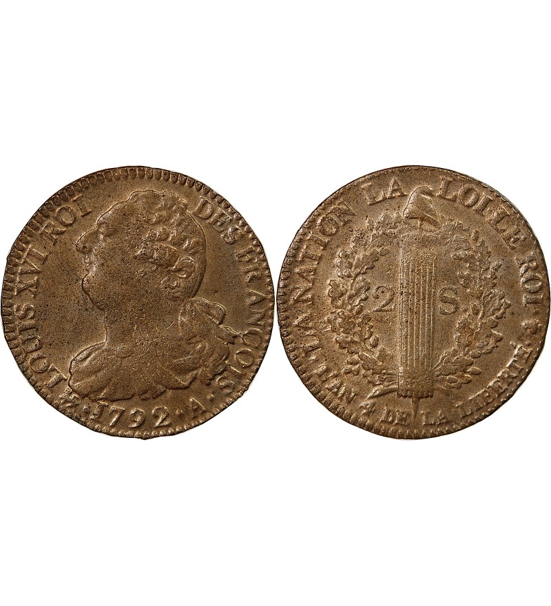 LOUIS XVI, CONSTITUTION - 2 SOLS AU FAISCEAU 1792 A PARIS