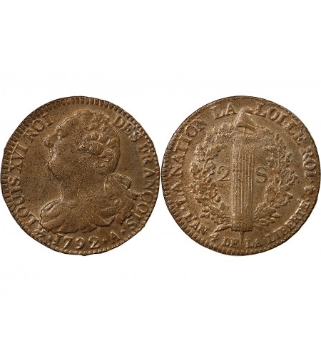 LOUIS XVI, CONSTITUTION - 2 SOLS AU FAISCEAU 1792 A PARIS