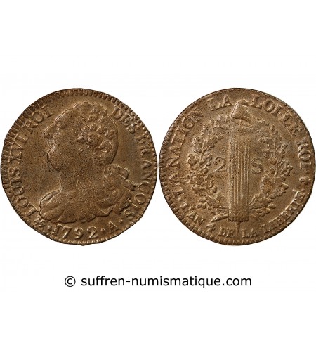 LOUIS XVI, CONSTITUTION - 2 SOLS AU FAISCEAU 1792 A PARIS