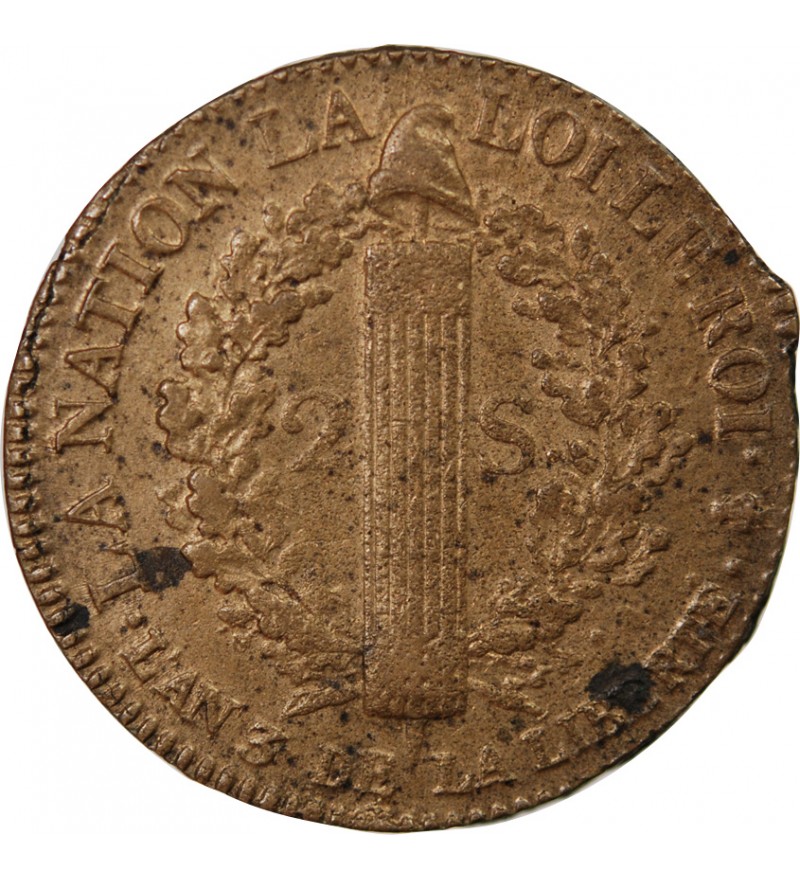 LOUIS XVI, CONSTITUTION - 2 SOLS AU FAISCEAU 1791 A PARIS