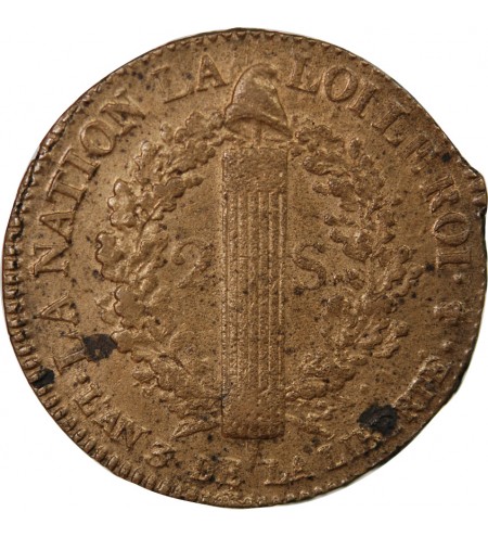 LOUIS XVI, CONSTITUTION - 2 SOLS AU FAISCEAU 1791 A PARIS