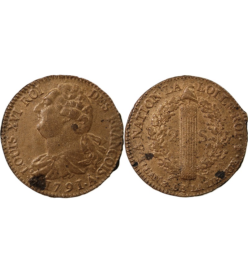 LOUIS XVI, CONSTITUTION - 2 SOLS AU FAISCEAU 1791 A PARIS