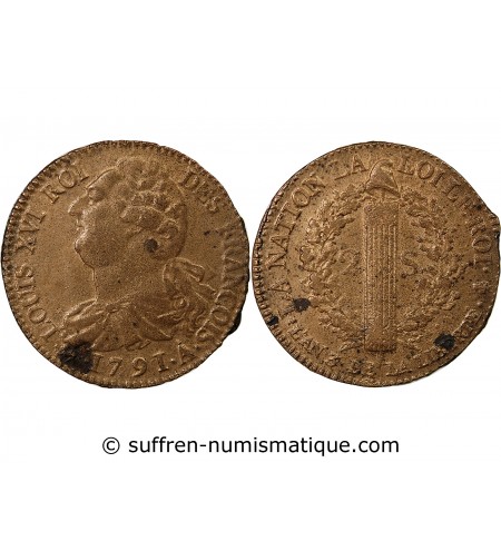 LOUIS XVI, CONSTITUTION - 2 SOLS AU FAISCEAU 1791 A PARIS