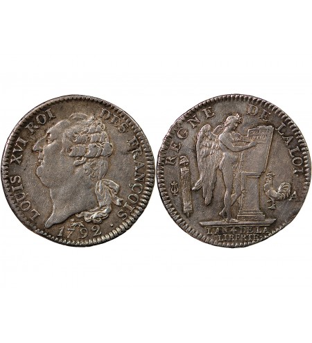 LOUIS XVI - ÉCU ARGENT AUX BRANCHES D'OLIVIER 1791 A PARIS