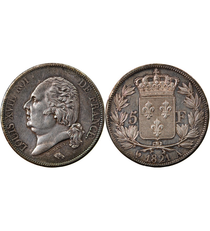 LOUIS XVIII - 5 FRANCS ARGENT 1821 A PARIS