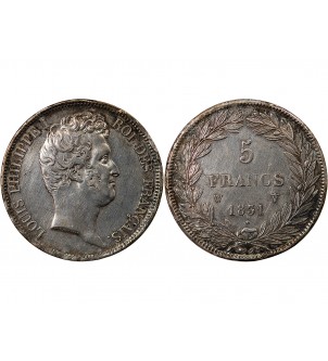 LOUIS PHILIPPE - 5 FRANCS ARGENT 1831 W LILLE "Type Tiolier, Tr creux" 2