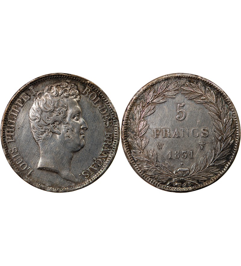 LOUIS PHILIPPE - 5 FRANCS ARGENT 1831 W LILLE "Type Tiolier, Tr creux"