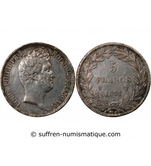 LOUIS PHILIPPE - 5 FRANCS ARGENT 1831 W LILLE "Type Tiolier, Tr creux"
