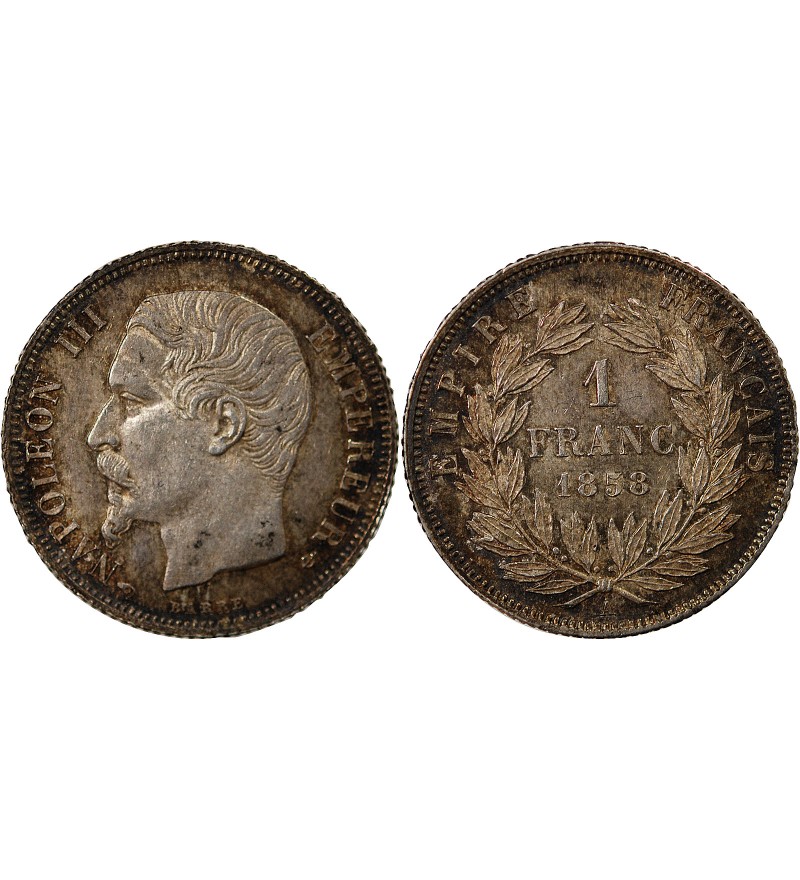 NAPOLEON III, TÊTE NUE - 1 FRANC ARGENT 1858 A PARIS