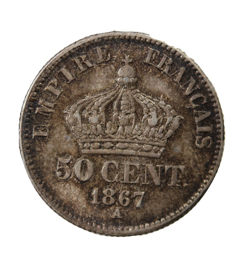 NAPOLEON III, TÊTE LAURÉE - 50 CENTIMES ARGENT 1867 A PARIS