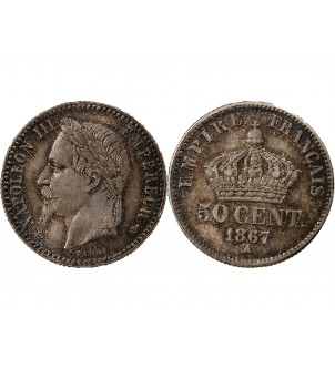 NAPOLEON III, TÊTE LAURÉE - 50 CENTIMES ARGENT 1867 A PARIS 2