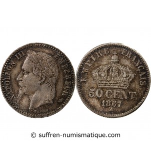 NAPOLEON III, TÊTE LAURÉE - 50 CENTIMES ARGENT 1867 A PARIS