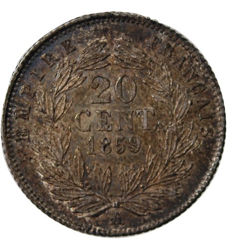 NAPOLEON III, TÊTE NUE - 20 CENTIMES ARGENT 1859 A PARIS