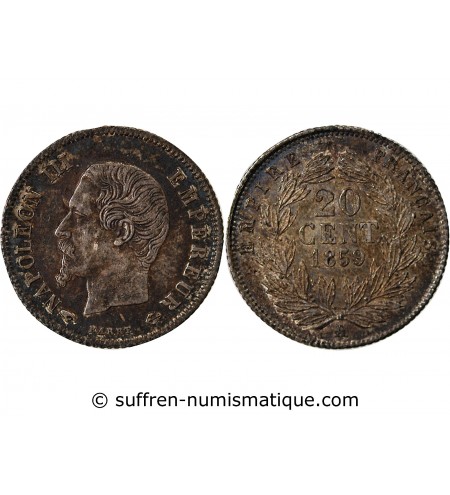 NAPOLEON III, TÊTE NUE - 20 CENTIMES ARGENT 1859 A PARIS