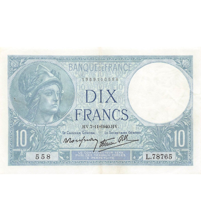 FRANCE, MINERVE - 10 FRANCS 07/11/1940 - TTB+