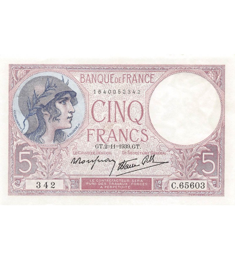 FRANCE, VIOLET - 5 FRANCS 02/11/1939 - TTB+