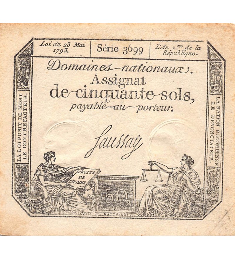 RÉVOLUTION FRANCAISE, ASSIGNAT - 50 SOLS - LOI DU 23/05/1793 - TTB+