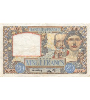 FRANCE, TRAVAIL ET SCIENCE - 20 FRANCS 17/07/1941 - TTB 2