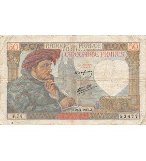 FRANCE, JACQUES COEUR - 50 FRANCS 24/04/1941 - SÉRIE F.74 - TB