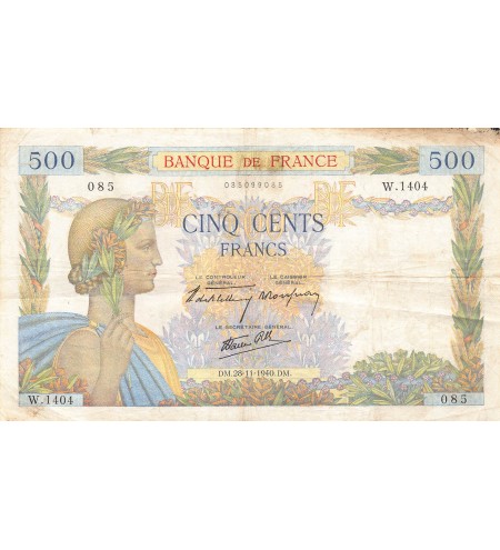 FRANCE, LA PAIX - 500 FRANCS 28/11/1940 - SÉRIE W.1404 - PTTB