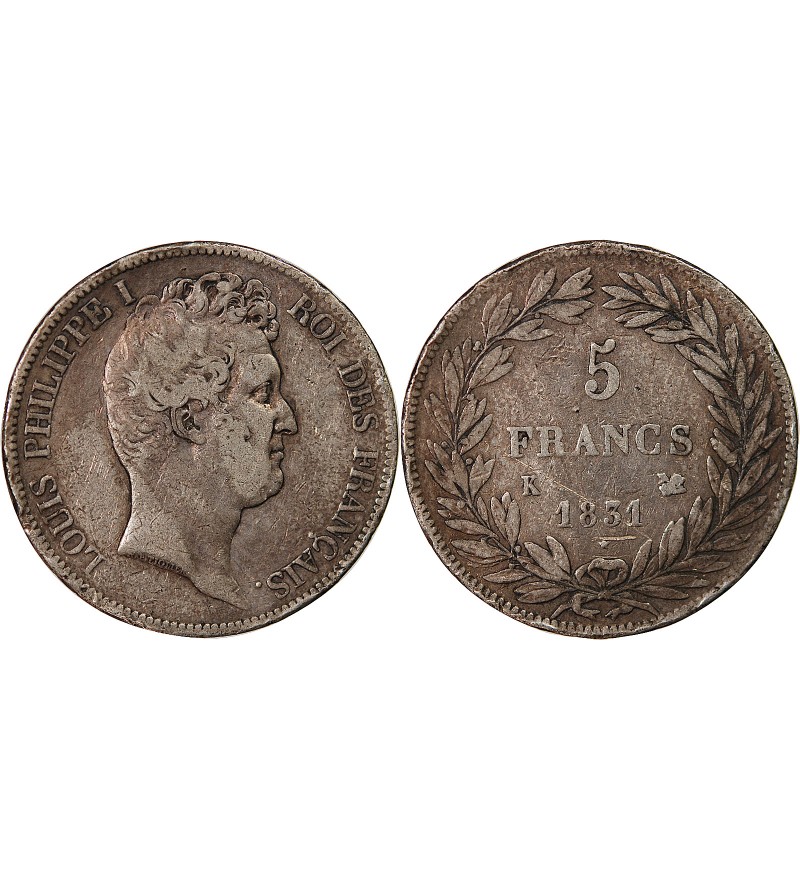 LOUIS PHILIPPE﻿ - 5 FRANCS 1831 K BORDEAUX "Type Tiolier, Tr Creux"
