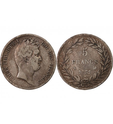 LOUIS PHILIPPE﻿ - 5 FRANCS 1831 K BORDEAUX "Type Tiolier, Tr Creux"