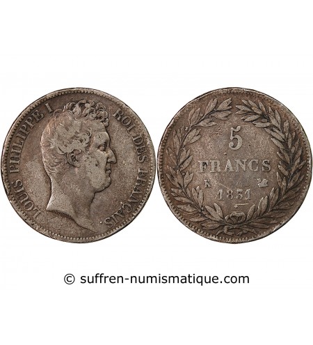 LOUIS PHILIPPE﻿ - 5 FRANCS 1831 K BORDEAUX "Type Tiolier, Tr Creux"