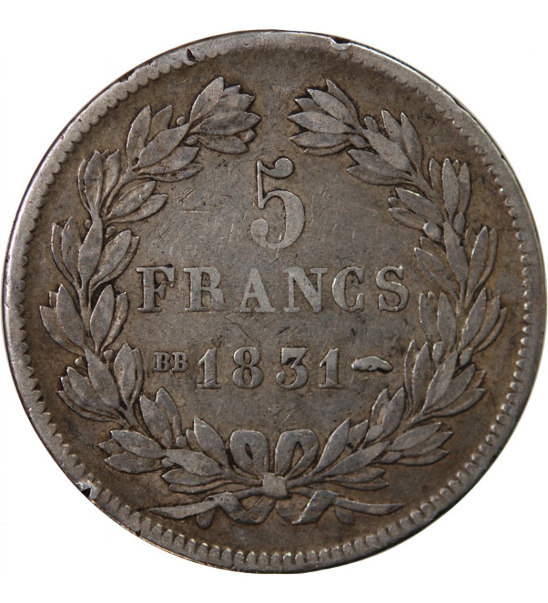 LOUIS PHILIPPE - 5 FRANCS 1831 BB STRASBOURG "Tranche en creux"