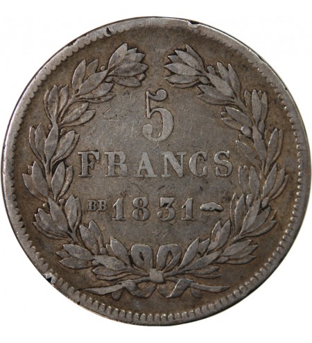 LOUIS PHILIPPE - 5 FRANCS 1831 BB STRASBOURG "Tranche en creux"