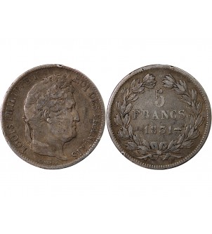 LOUIS PHILIPPE - 5 FRANCS 1831 BB STRASBOURG "Tranche en creux" 2