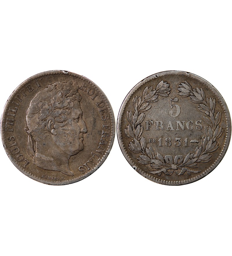 LOUIS PHILIPPE - 5 FRANCS 1831 BB STRASBOURG "Tranche en creux"