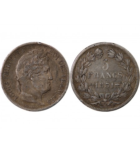 LOUIS PHILIPPE - 5 FRANCS 1831 BB STRASBOURG "Tranche en creux"