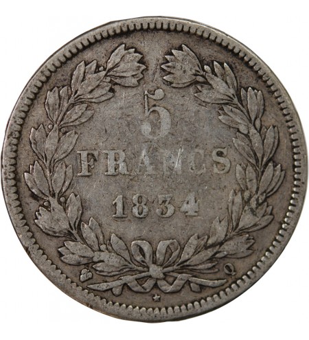 LOUIS PHILIPPE﻿ - 5 FRANCS ARGENT 1834 Q PERPIGNAN