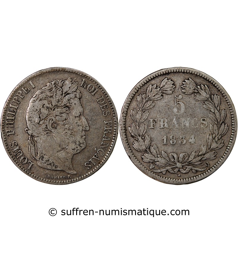 LOUIS PHILIPPE﻿ - 5 FRANCS ARGENT 1834 Q PERPIGNAN