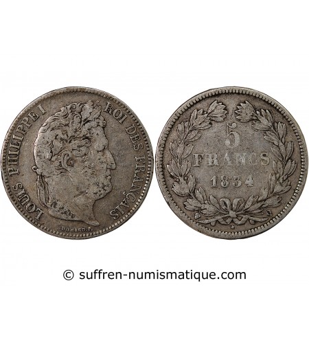 LOUIS PHILIPPE﻿ - 5 FRANCS ARGENT 1834 Q PERPIGNAN