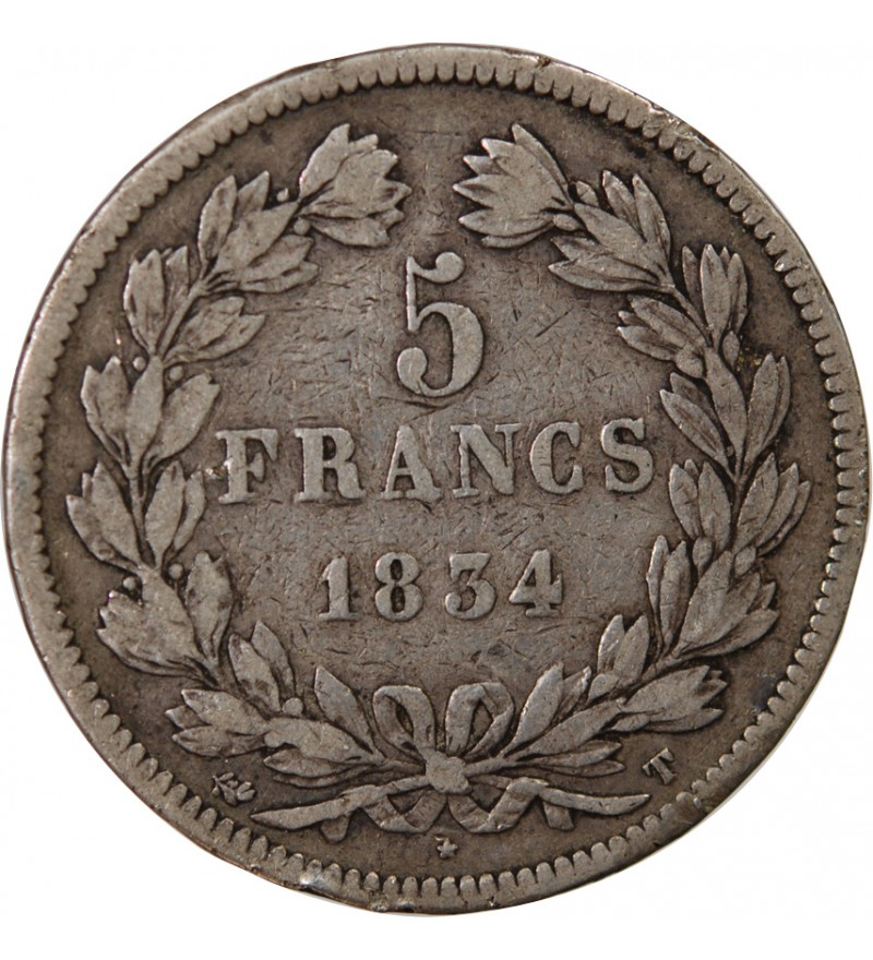 LOUIS PHILIPPE﻿ - 5 FRANCS ARGENT 1834 T NANTES